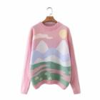 Round Neck Print Sweater Pink - M