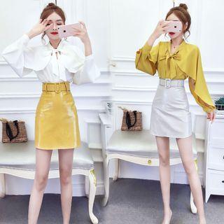 Cape-sleeve Blouse / Faux Leather Pencil Skirt / Set