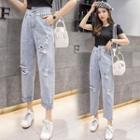 Asymmetric Ripped Straight Cut Cropped Jeans