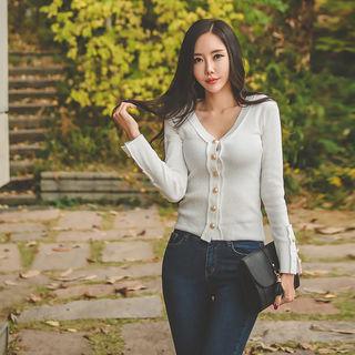 V-neck Metal-button Ribbed Cardigan
