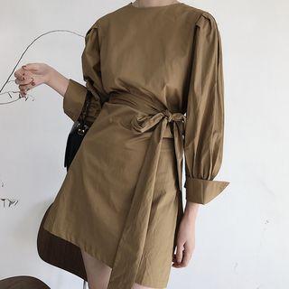 Long Balloon Sleeve Dress With Sash