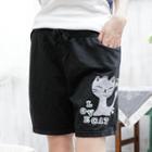 Drawstring-waist Cat-print Sweat Shorts