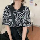 Elbow-sleeve Zebra Print Cropped Polo Shirt As Shown In Figure - One Size