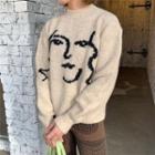Long Sleeve Face Print Loose-fit Sweater