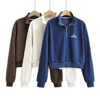 Lettering Long-sleeve Half-zip Collar Sweatshirt