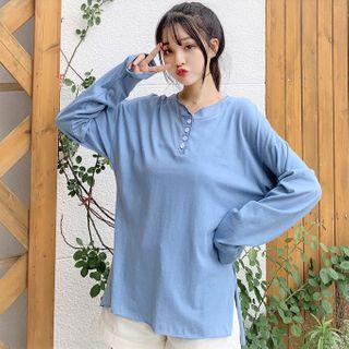 Loose-fit Long-sleeve Button-up Plain T-shirt