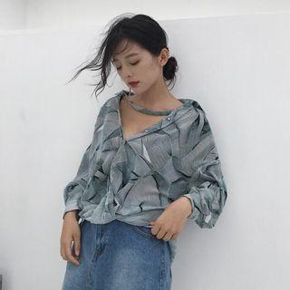 Balloon-sleeve Printed Blouse Dark Green - One Size