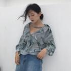 Balloon-sleeve Printed Blouse Dark Green - One Size
