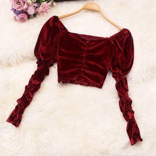 Ruched Sleeve Velvet Crop Blouse