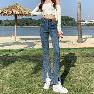 High Waist Slit-hem Bootcut Jeans (various Designs)