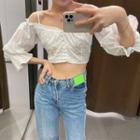 3/4-sleeve Cold Shoulder Embroidered Crop Top
