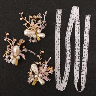 Set: Faux Pearl Bridal Hair Clips + Lace Headband