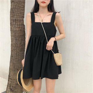 Ruffle Trim Sleeveless Plain Dress Black - One Size