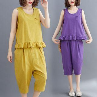 Ruffle Hem Sleeveless Blouse / Cropped Harem Pants / Set