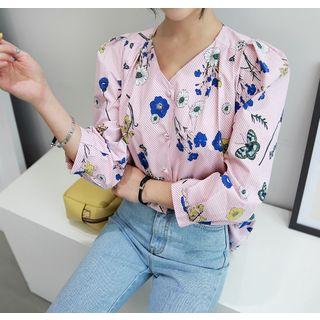V-neck Puff-sleeve Floral Shirt
