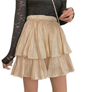 Short-sleeve Layered Pleated Skirt