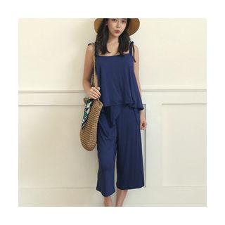 Set: Tie-shoulder Camisole Top + Cropped Pants Beige - One Size