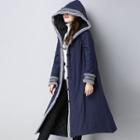 Hooded Frog Buttoned Padded Long Coat Navy Blue - One Size