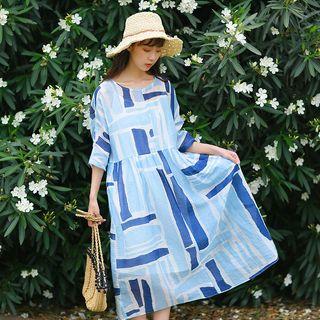 Set: Print Elbow-sleeve A-line Dress + Slipdress
