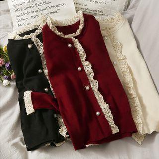 Lace-trim Button-up Knit Top