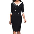 V-neck Contrast Trim 3/4-sleeve Sheath Dress