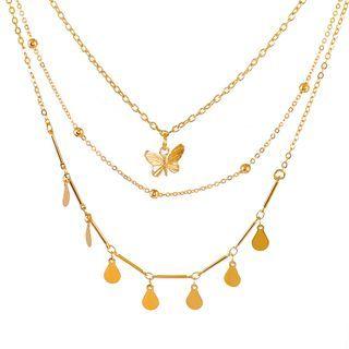 Set Of 3: Butterfly Pendant Layered Necklace 03 - 3474 - Gold - One Size