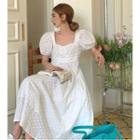 Puff-sleeve Square-neck High-waist Midi Dress