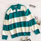 Color-block Striped Crewneck Long-sleeve Sweater Green - One Size