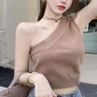 One-shoulder Knit Crop Tank Top Coffee - One Size