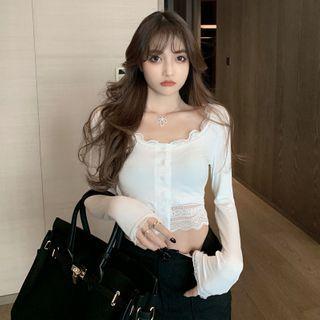 Long-sleeve Lace Trim Cropped T-shirt