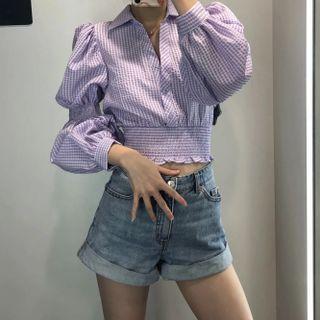 Long-sleeve Check Shirred Crop Shirt
