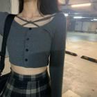 Long-sleeve Plain Slim-fit Cropped Top / Plaid Pleated Skirt