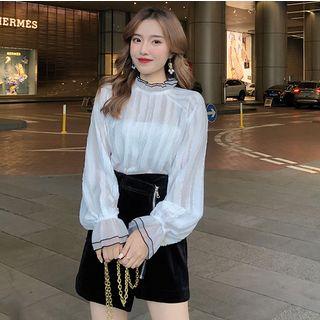 Plain Stand-collar Bell-sleeve Shirt