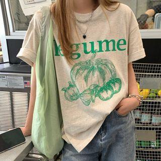 Short-sleeve Pumpkin Print T-shirt White & Gray - One Size
