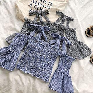 Ribbon Lace-up Off-shoulder Studded Flare-sleeve Top