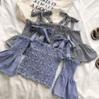 Ribbon Lace-up Off-shoulder Studded Flare-sleeve Top