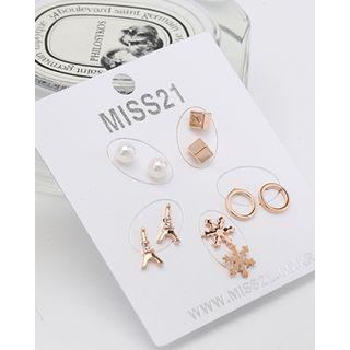 Faux-pearl / Cube / Hoop / Snowflake / Eiffel Tower Ear Stud Set (10 Pcs)