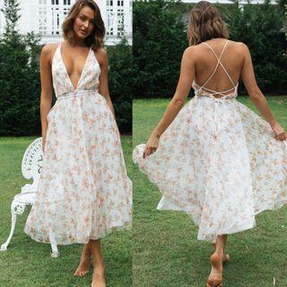 Sleeveless Flower Print Open Back Midi A-line Dress