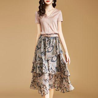 Set: Short-sleeve Top + Patterned Tiered Midi Skirt