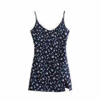 Spaghetti Strap V-neck Floral Print Slit Mini Dress