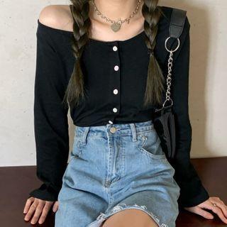 Long-sleeve Button T-shirt Black - One Size