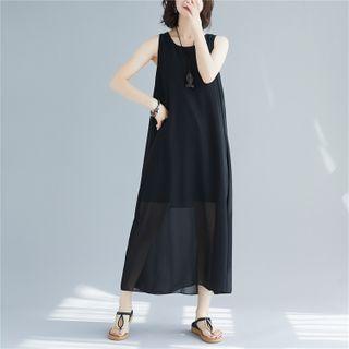 Sleeveless Midi A-line Dress With Belt - Black - One Size