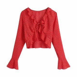 Bell-sleeve Dotted Ruffled Crop Top