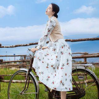 Set: Vest + Long-sleeve Floral Print A-line Midi Dress