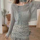 Button Knit Top / Floral A-line Skirt