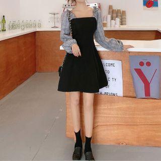 Balloon-sleeve Plaid Panel Dress