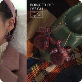 Plaid Bow Accent Pom Pom Earring