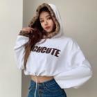 Letter Embroidered Drawstring Crop Hoodie