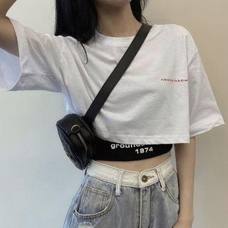 Set: Short-sleeve Lettering Print Cropped T-shirt + Camisole Top
