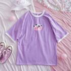 Short-sleeve Cartoon Print T-shirt White Collar - Purple - One Size